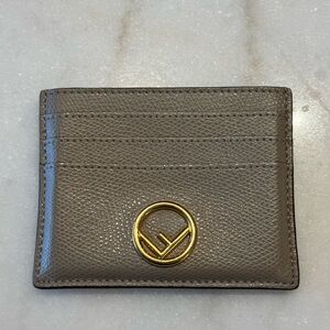 Fendi Taupe Leather Card Holder with Gold Logo